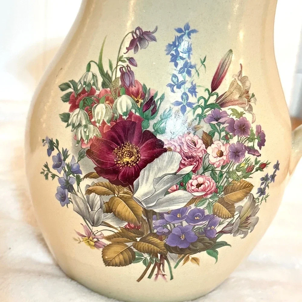 Vintage Shaker & Thangs Pottery Floral Pitcher Cream Excellent Stoneware Vase